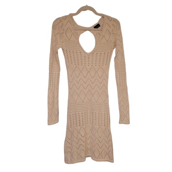 Bardot Cream Bodycon Open Knit V-neck Sweater Dress size 6 Keyhole Back - Picture 1 of 16